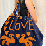 Velvet 'LOVE' Tote - Navy Velvet with Brown Writing