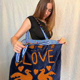Velvet 'LOVE' Tote - Navy Velvet with Brown Writing
