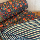 Cotton Block Print Quilt Blue Floral and Stripe