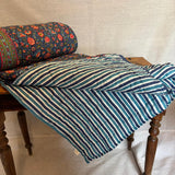 Cotton Block Print Quilt Blue Floral and Stripe