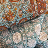 Cotton Block Print Quilt Mustard and Aqua