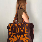 Velvet 'LOVE' Tote - Brown Velvet with Mustard Detail