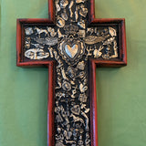 Large Mexican Wooden Cross with Silver Milagros