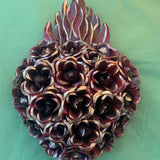 Mexican Red Corazon Heart with Red/Gold Tin Roses