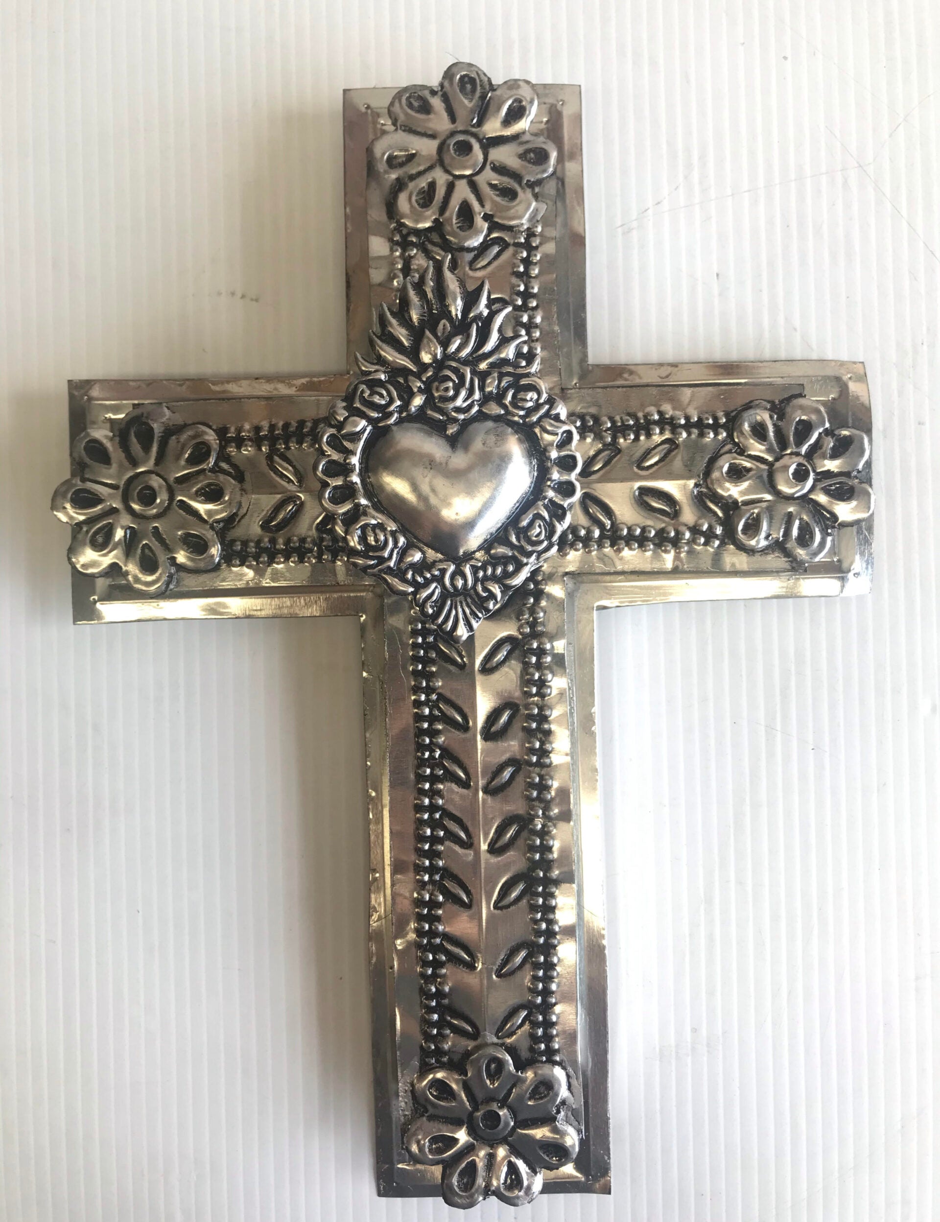Mexican Tin Cross with Raised Heart - Gaudy & Prim