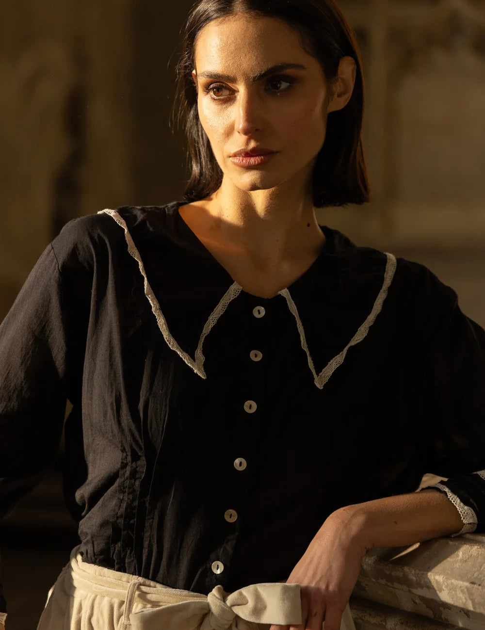 Wednesday Shirt Cotton & Lace - Black with Cream Trim