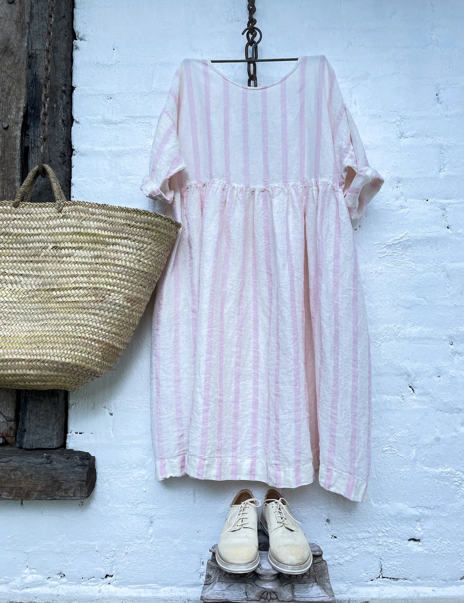 Sarah Linen Dress - Pink and White Stripe - Gaudy & Prim