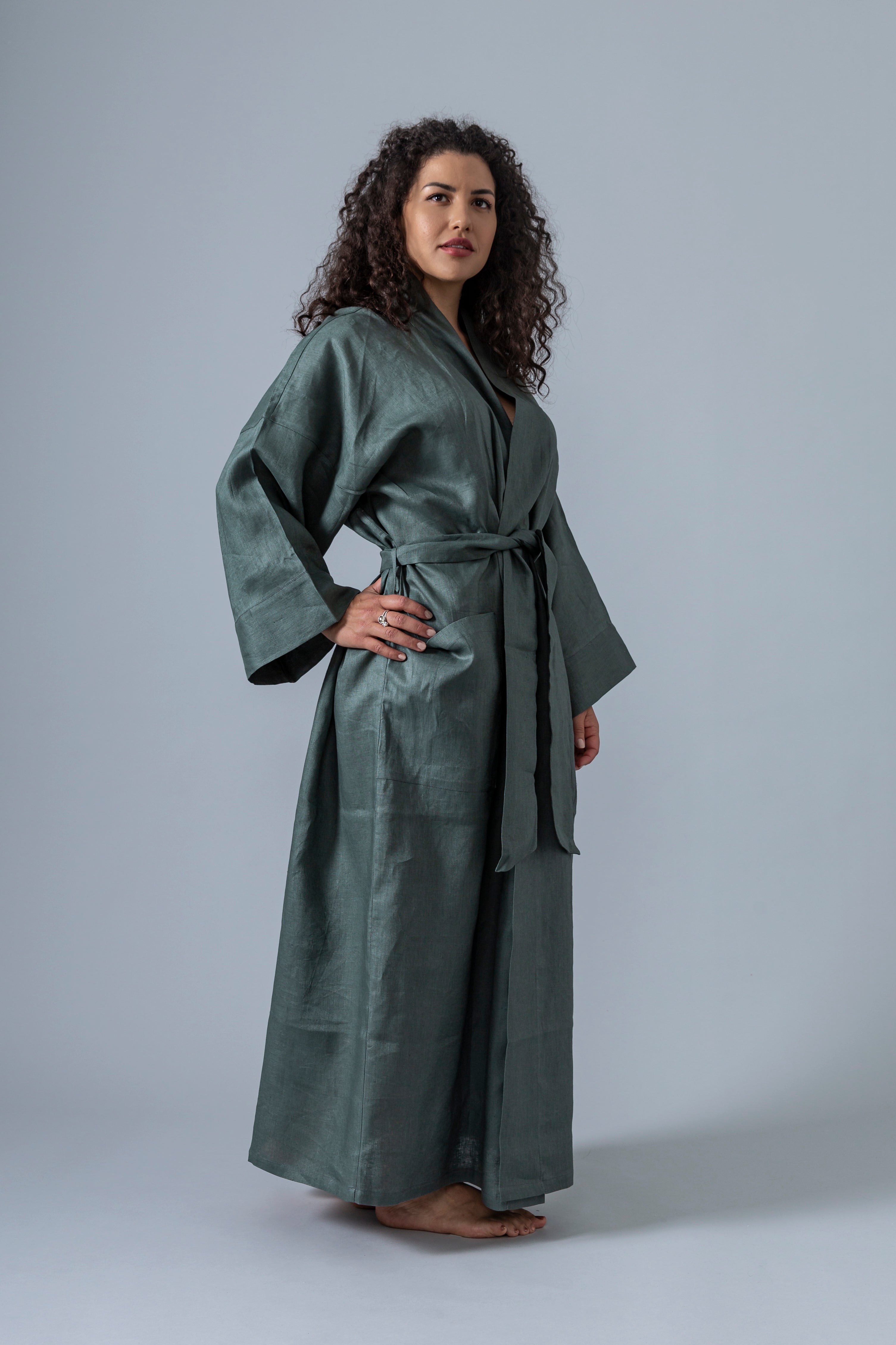 Linen Kimono Bathrobe - Olive - Gaudy & Prim