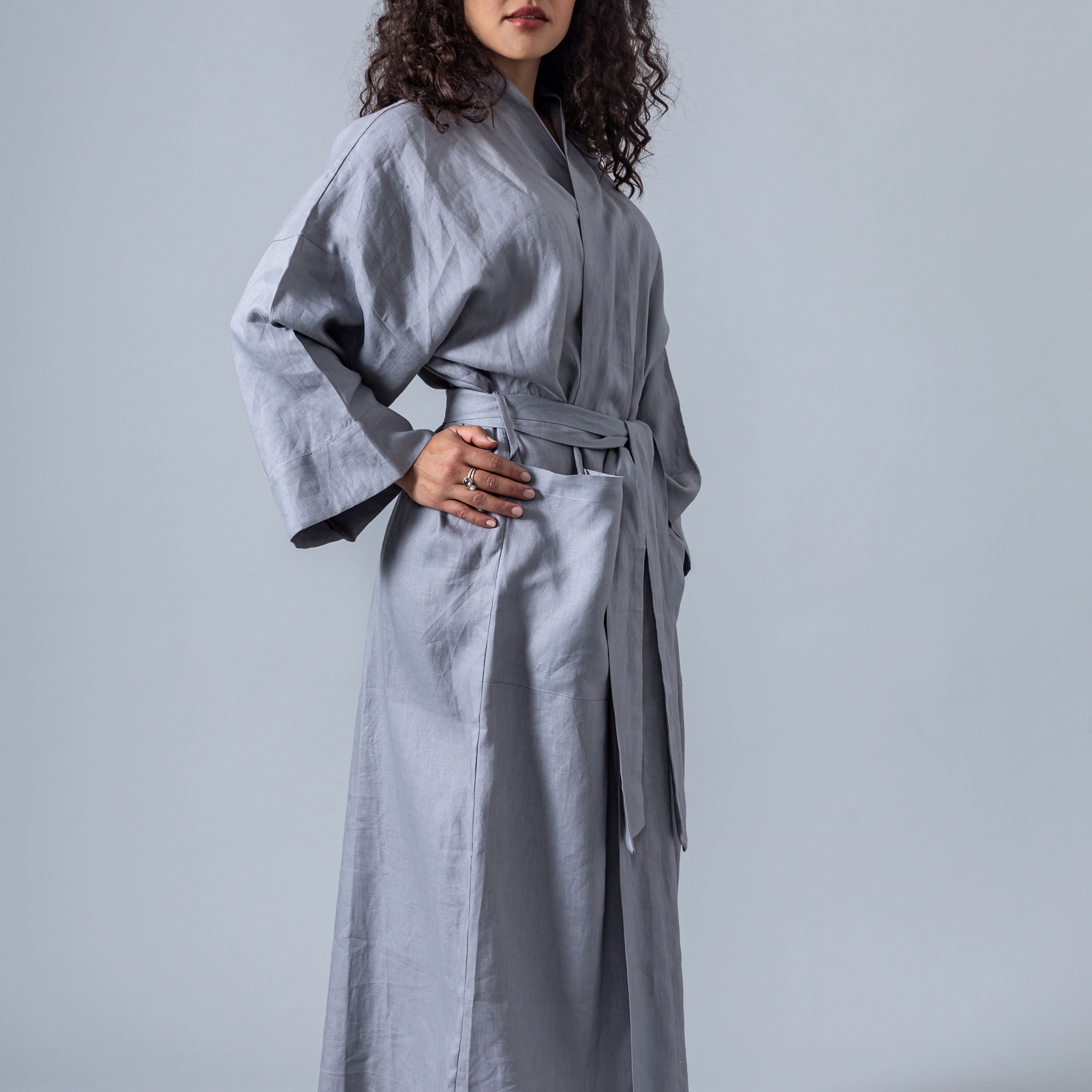 Linen Kimono Bathrobe - Grey - Gaudy & Prim
