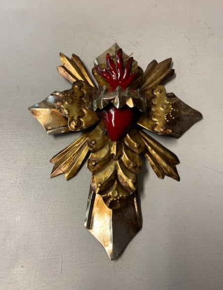 Golden Tin Cross with Heart Mexican - Gaudy & Prim