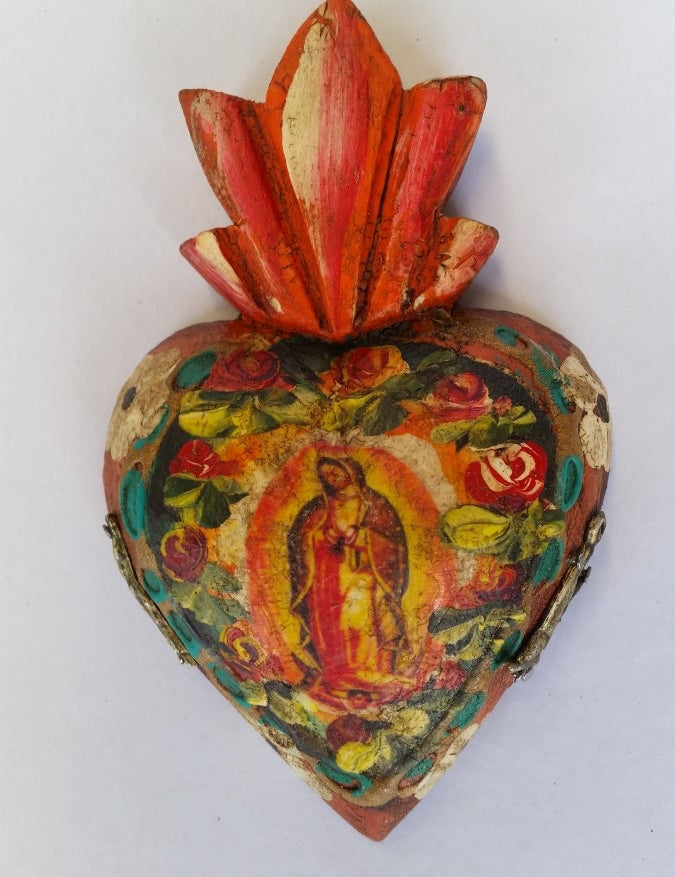 Mexican Wooden Heart With Guadalupe Virgin Small - Gaudy & Prim