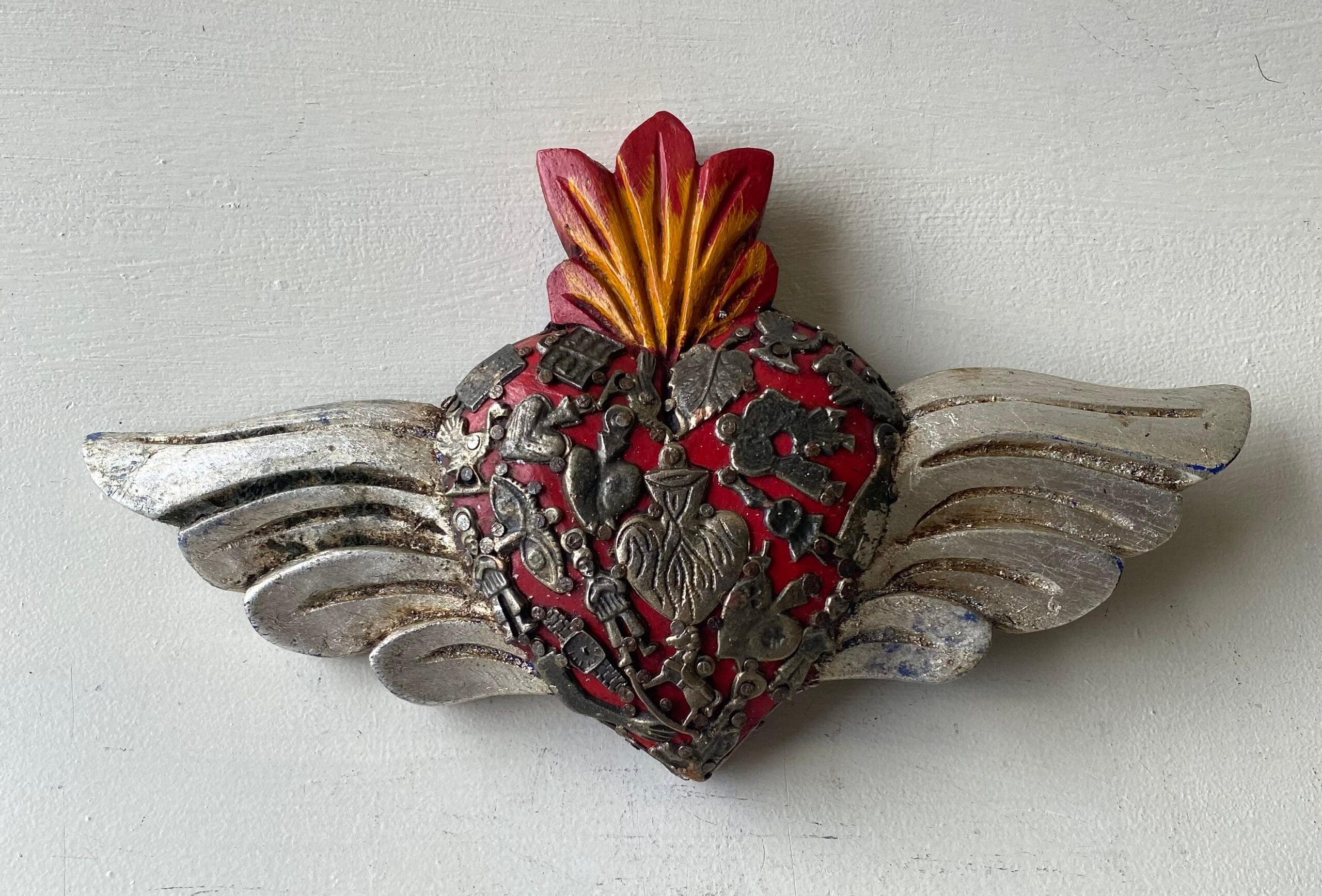 Mexican Heart with Miracle Milagros and Wings - Gaudy & Prim