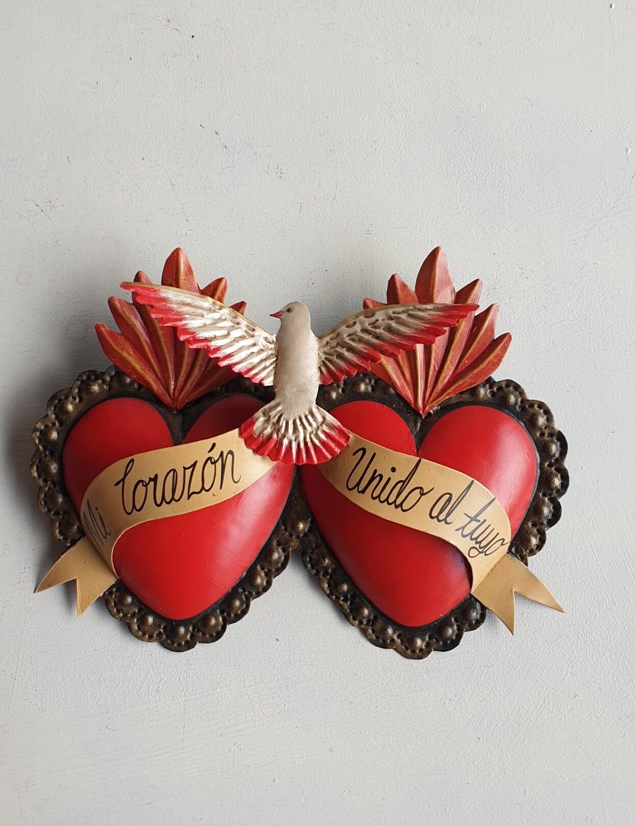 Mexican Double Tin Heart With Dove - Gaudy & Prim