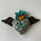 Small Mexican Turquoise Heart with Miracle Milagros and Wings - Gaudy & Prim