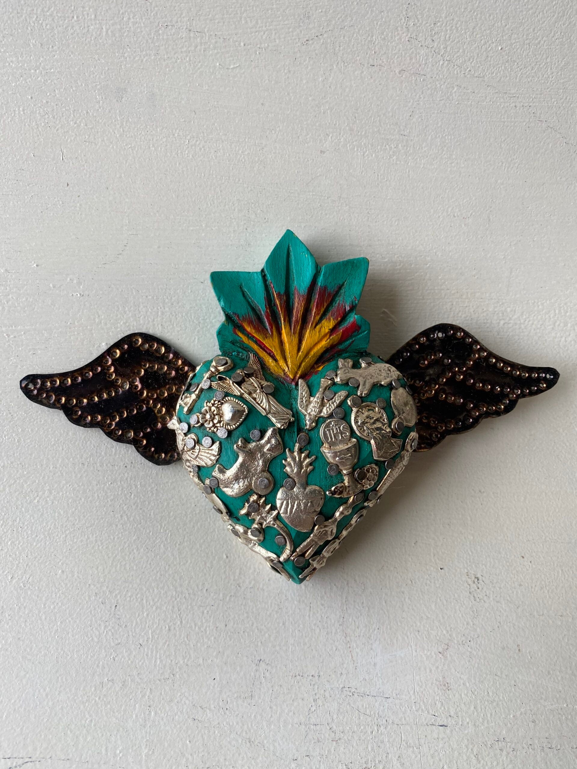 Small Mexican Turquoise Heart with Miracle Milagros and Wings - Gaudy & Prim