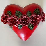 Mexican Large Red Corazon Heart with Red Tin Roses - Gaudy & Prim