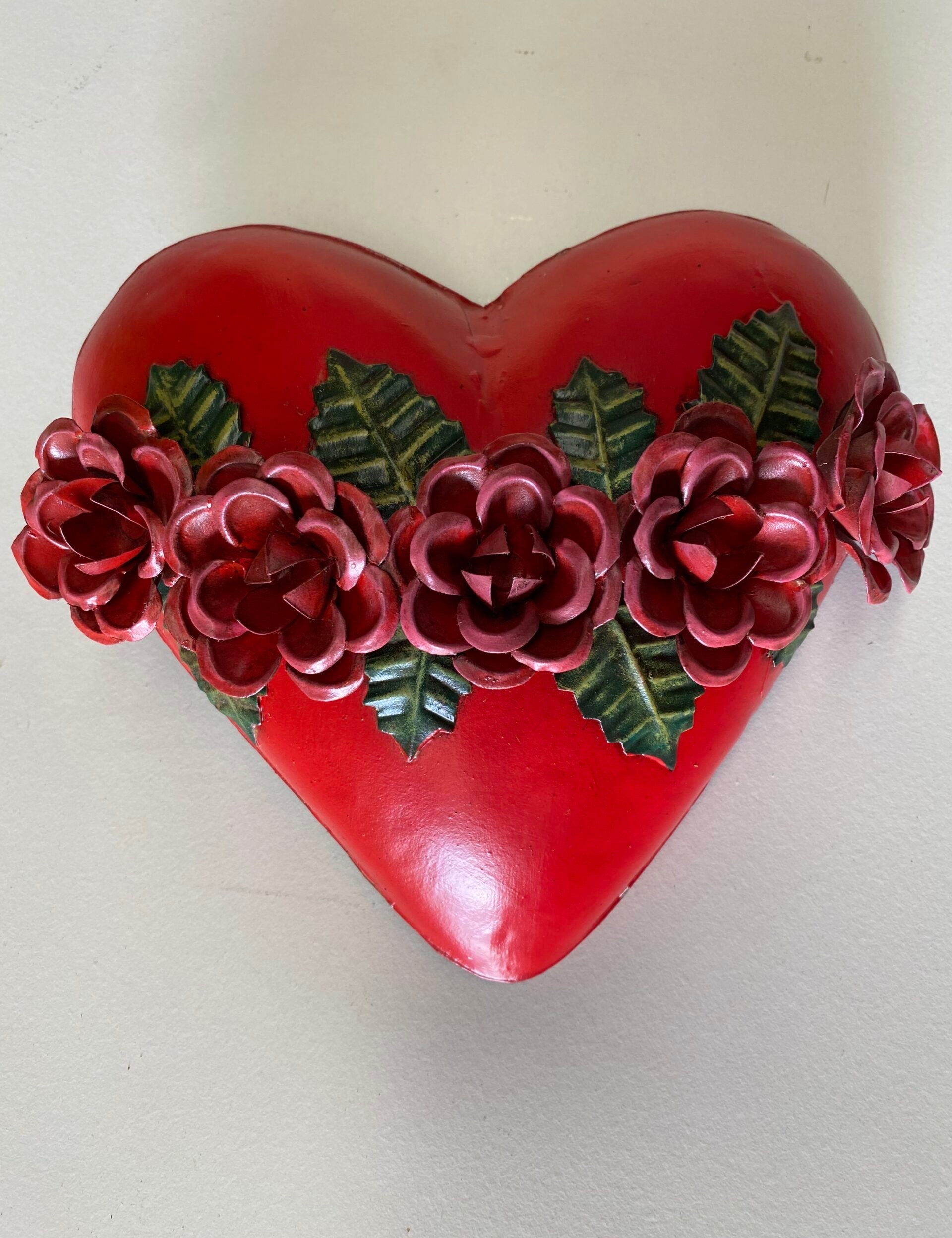 Mexican Large Red Corazon Heart with Red Tin Roses - Gaudy & Prim