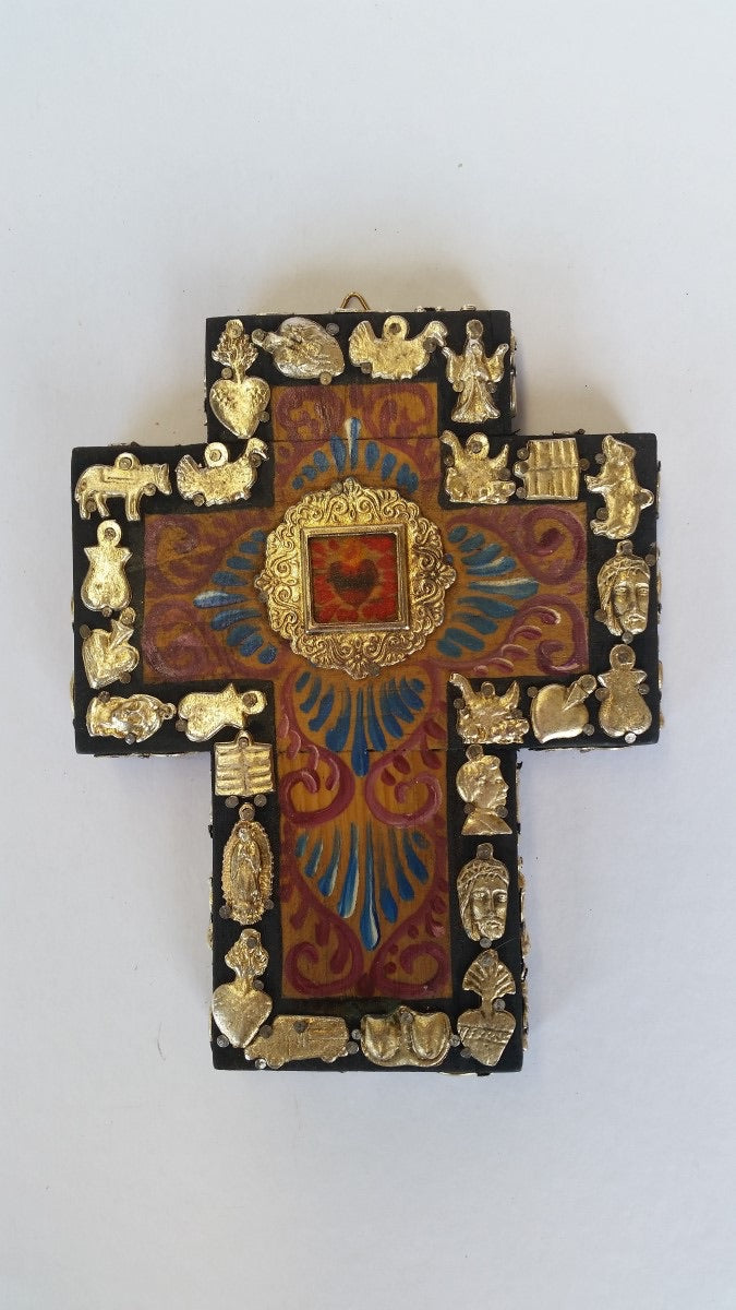 Mexican Cross with Heart and Milagros - Gaudy & Prim