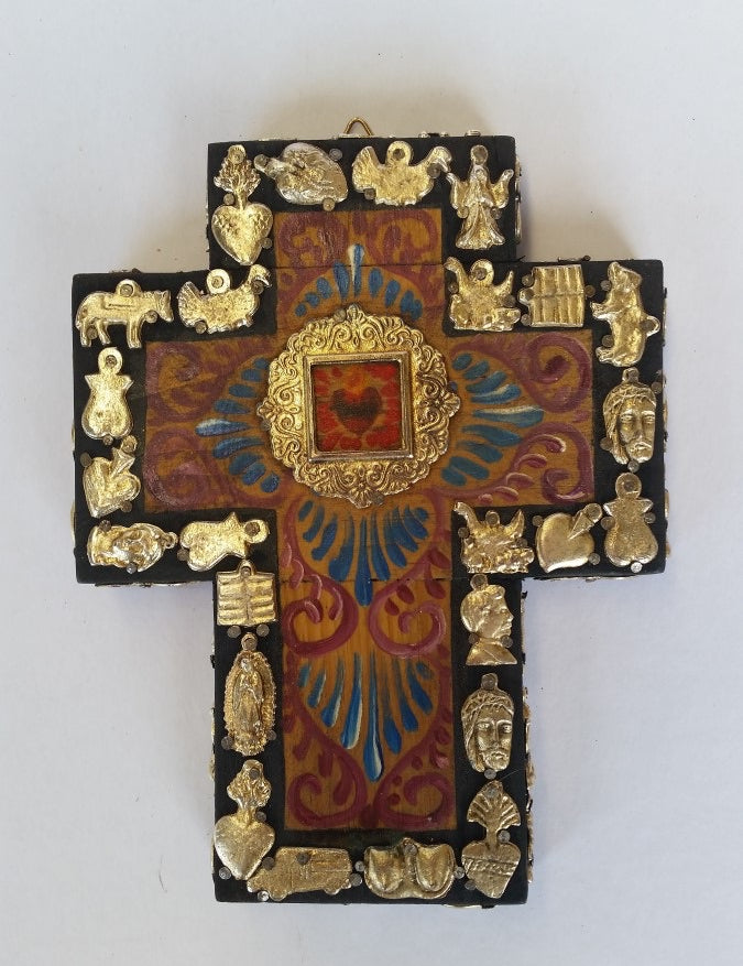 Mexican Cross with Heart and Milagros - Gaudy & Prim