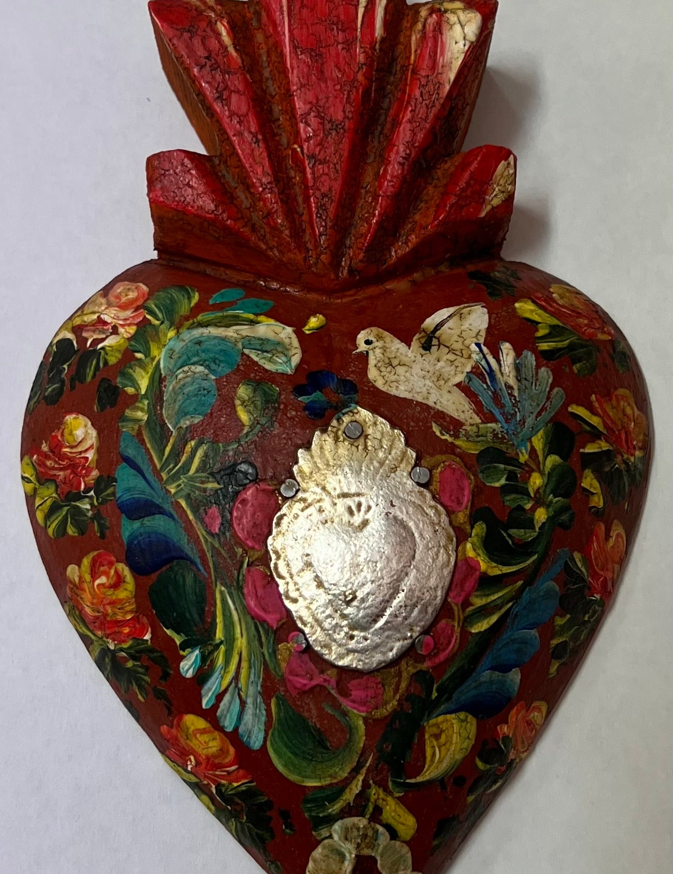 Mexican Wooden Heart With Heart Milagros - Gaudy & Prim