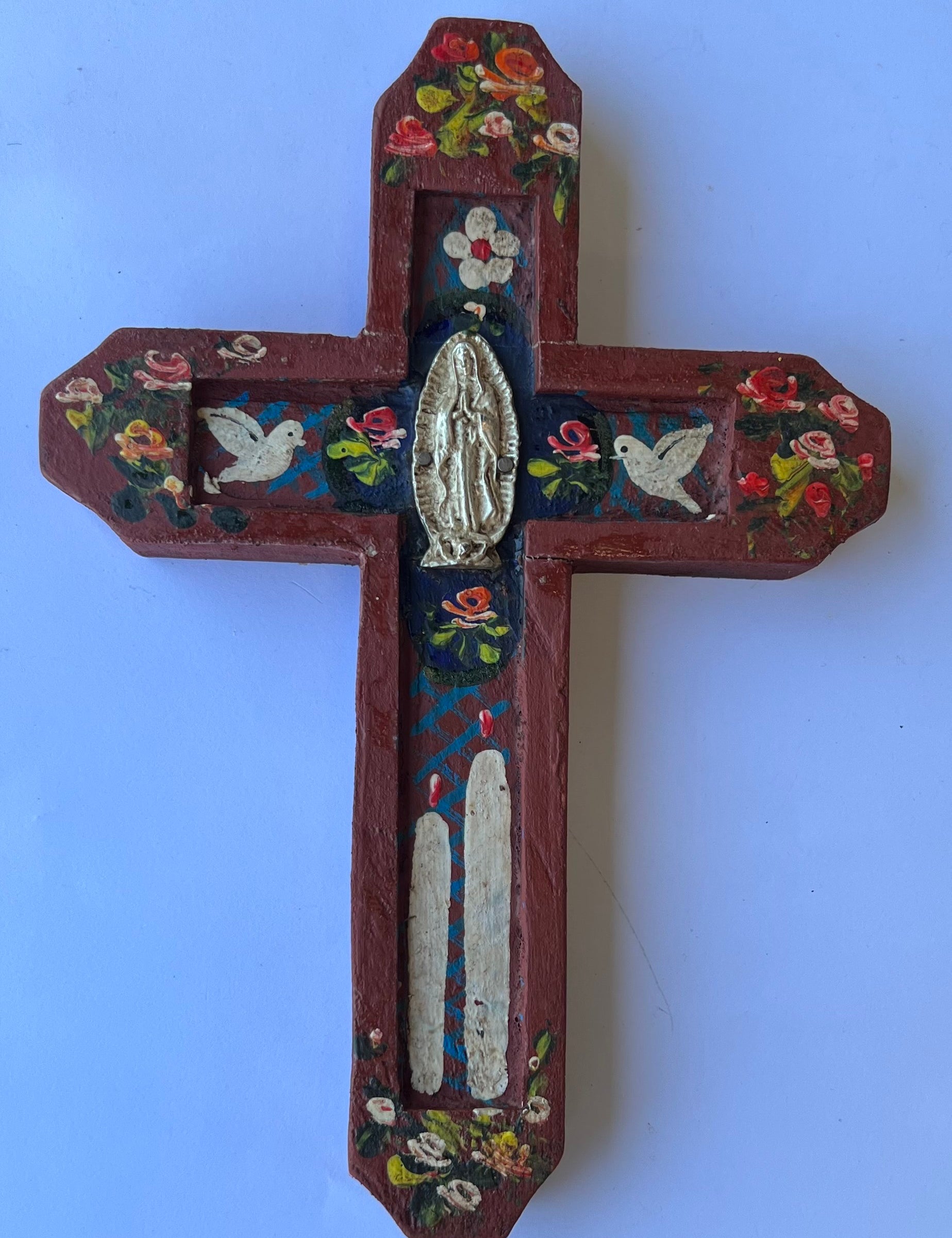 Mexican Wooden Cross with Mary and Milagros Antique Finish - Gaudy & Prim