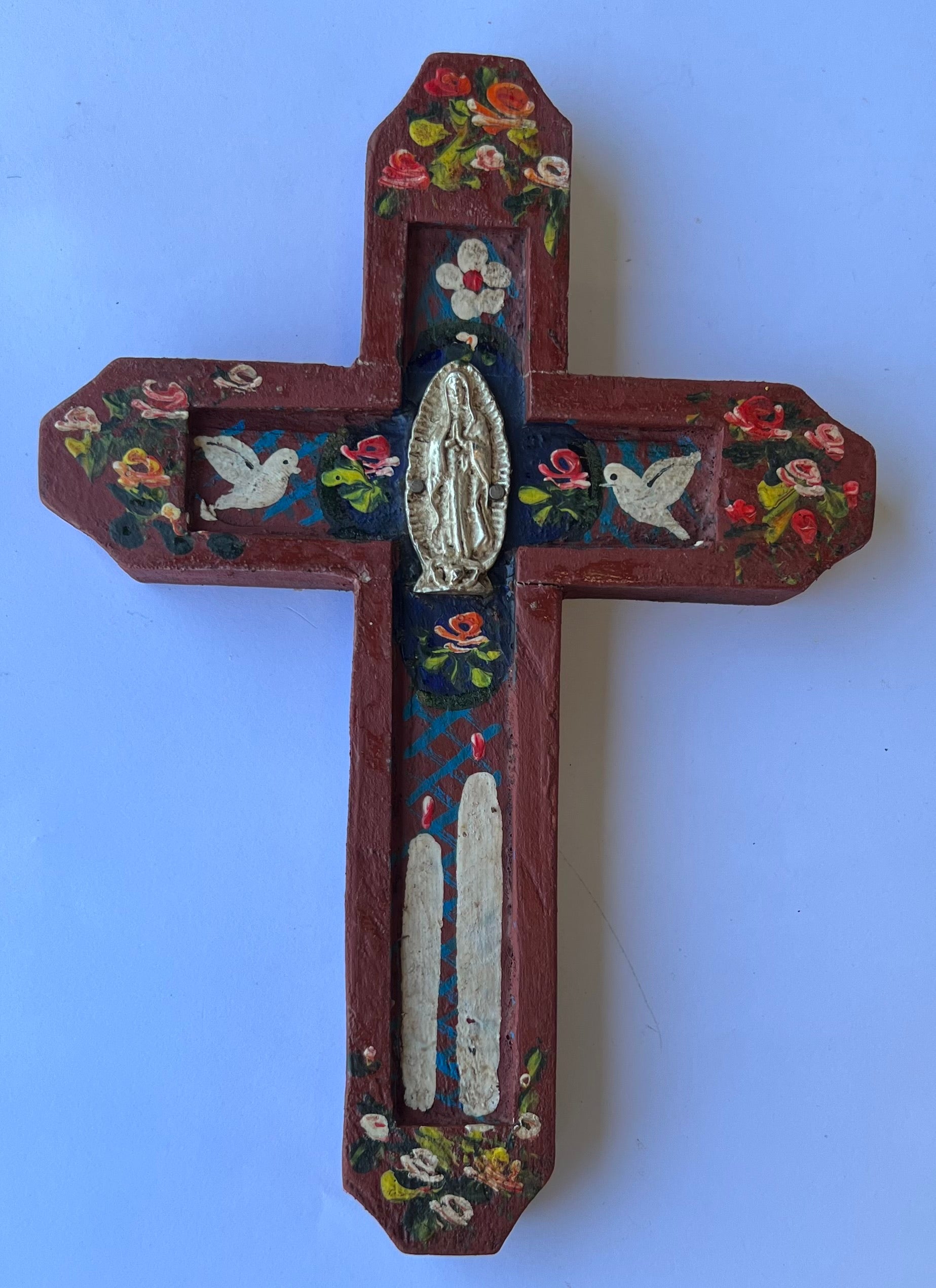 Mexican Wooden Cross with Mary and Milagros Antique Finish - Gaudy & Prim